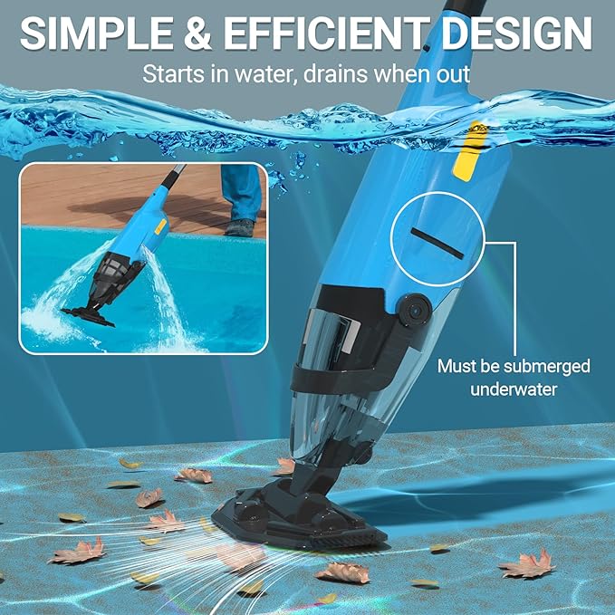 Cordless Handheld Pool Vacuum for Above Ground Pools, 18GPM IPX8 60Mins Above Ground Pool Vacuum W/4-Section Pole for Leaves Sand Debris & Step Corner Wall, Pool Vacuum for Inground Pools Hot Tub Spa