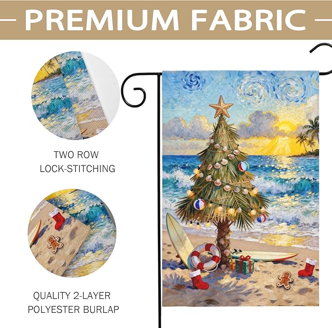 Coastal Christmas Garden Flag 12x18 Inch Xmas Tree Beach Holiday Themed Decorative Yard Flags for Outside Double Sided Winter Seasonal Outdoor Home Farmhouse Decoration Porch New Year Decor