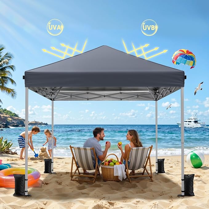 Driftalia 10x10 Pop Up Canopy Tent, Instant Setup Portable Canopy with Carry Bag, 4 Sandbags and 8 Stakes for Outdoor Events, Parties & Camping - Dark Grey