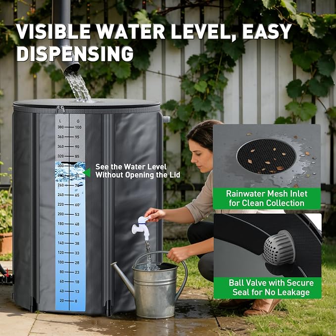 Yesker Collapsible Rain Barrel, 100 Gallon Portable Rainwater Collection System, 550D PVC Water Storage Tank, Rain Catcher with Spigots Filter Overflow Kit, Grey