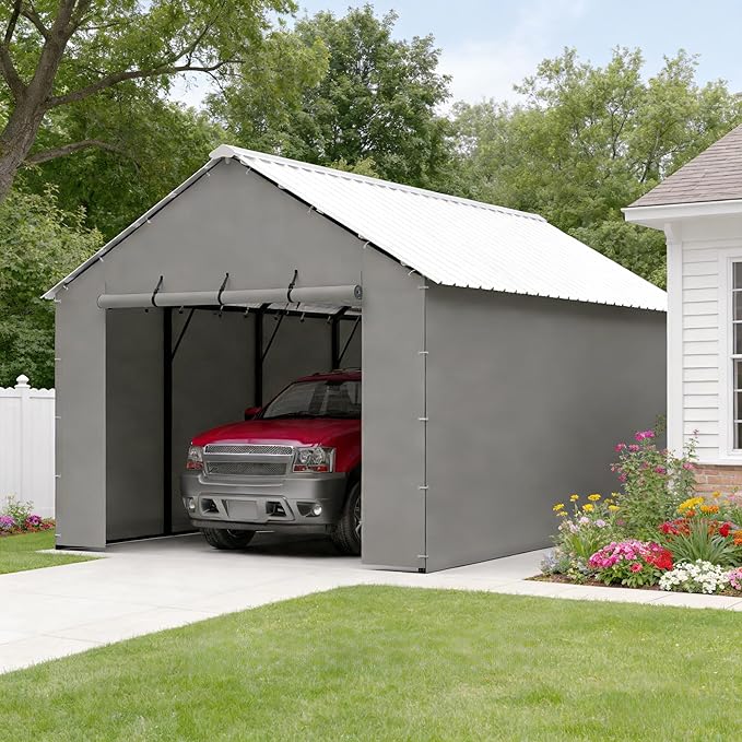 Metal Carport Replacement Sidewall Kit for 20x20 FT, 2 Side Panels & 2 Zipper Doors, Heavy Duty 220g PE Tarp, Waterproof UV Resistant Roll-Up Cover, Grey (No Frame)