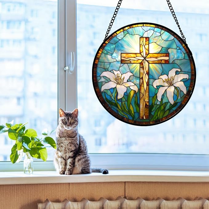 DASTOLL Christian Gifts for Women - Cross Stained Glass Window Hanging Jesus Easter White Lily Flower Sun Catcher Garden Religion Decor Mother's Day Catholic Gift for Men Grandma Mom Her Nana 7.8"