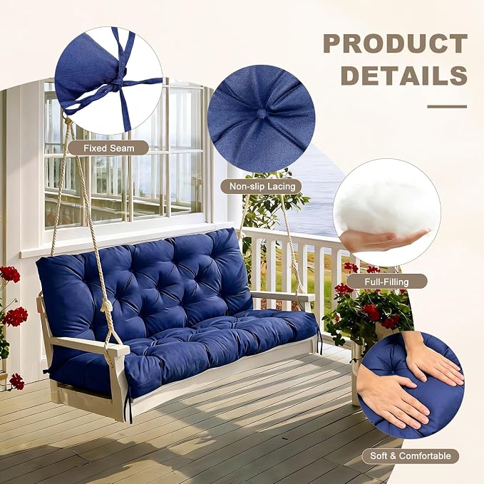 Porch Swing Cushion with Backrest,Waterproof Bench Cushion for Outdoor Furniture,2-3 Seater Replacement Thickened Swing Cushion with Ties,Patio,Outdoor,Backyard and Garden (Navy Blue,40x40)