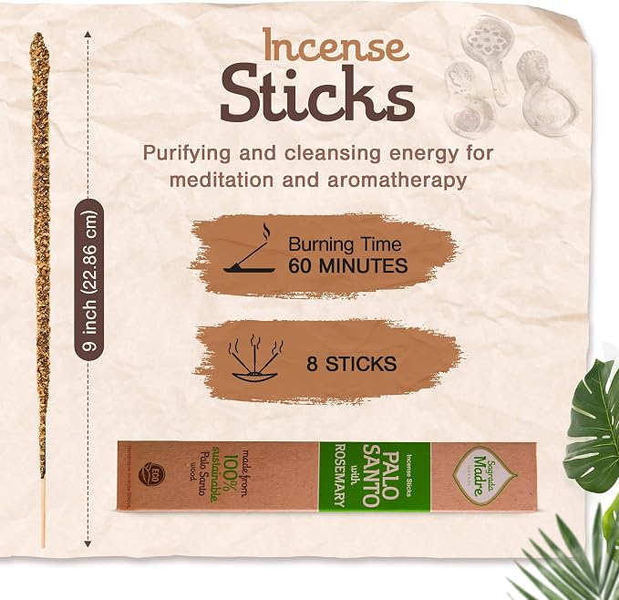 Sagrada Madre 8pcs Wildly Harvested Thick Palo Santo Incense Sticks (Rosemary), 9” Long - Eco Friendly, Non-Toxic, Aromatic Incense Sticks (1hr Burning Time) to Heal & Calm Your Body and Environment