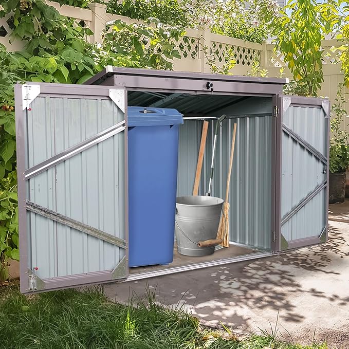 YOPTO 62" Garbage Bin Shed Stores 2 Trash Cans Metal Outdoor Storage,Stainless Galvanized Steel House with Sloped Roof & Lockable Door,Waterproof Cabinet Shelter for Patio,Lawn,Gray