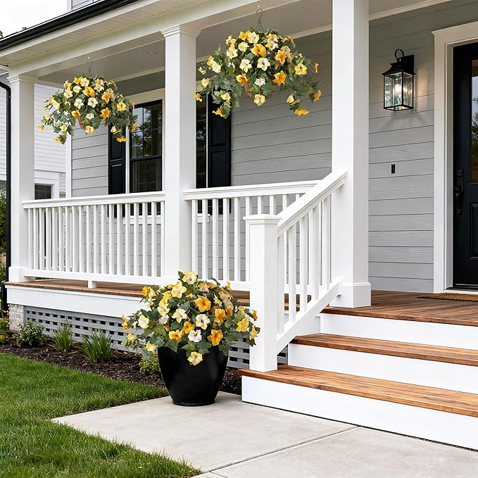 Ammyoo Artificial Fake Petunia Flowers for Outdoor Decoration, 2PCS Faux Silk Petunias Flower for Spring UV Resistant No Fade Realistic Plants for Garden Balcony Yard Porch Indoor Decor(Yellow White)
