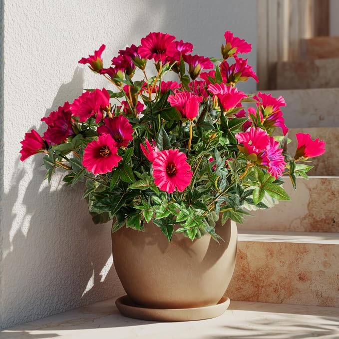 Rose Red Artificial Morning Glory Flowers for Outdoor Planters, Premium UV Resistant Silk Faux Flowers for Porch, Hanging Basket & Window Box, Summer Garden Decor, No Pot, 13.3 Inch, 4 Bundles