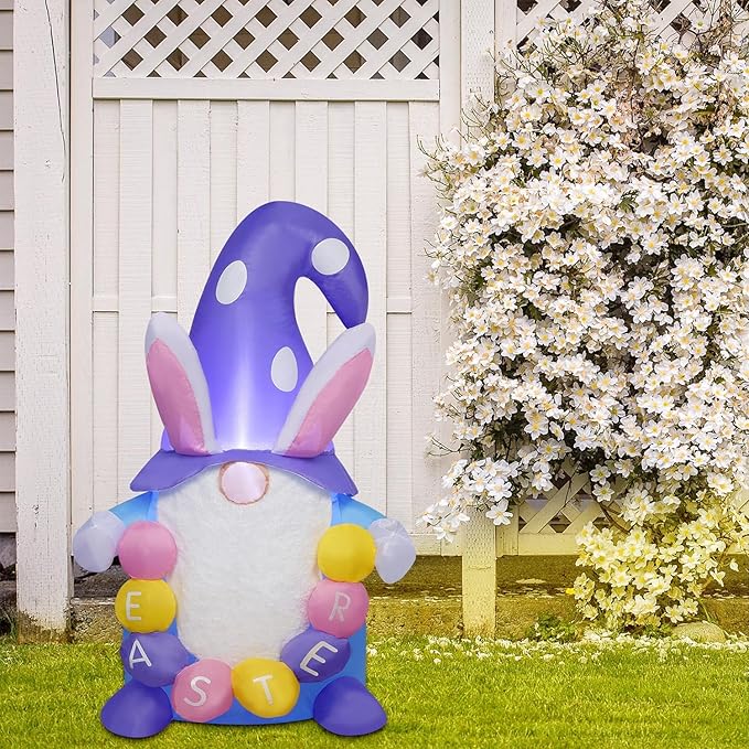 Juegoal Easter Gnome Inflatables Decorations, 4 FT Lighted Blow Cute Bunny Gnome with Eggs, Indoor Outdoor Cute Rabbit Easter Holiday Party Decor, Light Up for Lawn Yard Garden