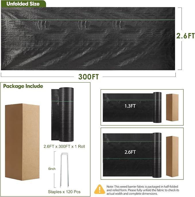 HongWay 2.6FT x 300FT Weed Barrier Fabric, Garden Cloth Woven Landscape Fabric Heavy Duty with 120 U-Shaped Securing Pegs, Lawn Weed Block Mat Ground Cover for Garden Beds, Farming