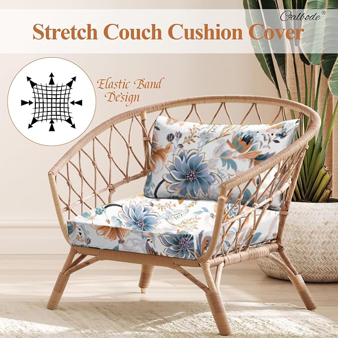 CALBODE 8Pcs High Elastic Digitally Printed Sofa Seat Cushion Cover, Soft & Comfortable Reusable Floral Print Stretch Couch Cushion Slipcover for Outdoor Furniture Protector Replacement, All-Season
