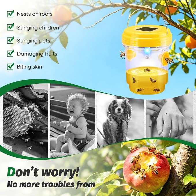 Wasp Traps Outdoor Hanging, Solar Wasp Trap for Hunting Wasps, Bees, Hornets, Insects, Carpenter Bee Traps for Outside, Reusable Wasp Traps, Bee Killer and Wasp Catcher for Outside 4 Pack
