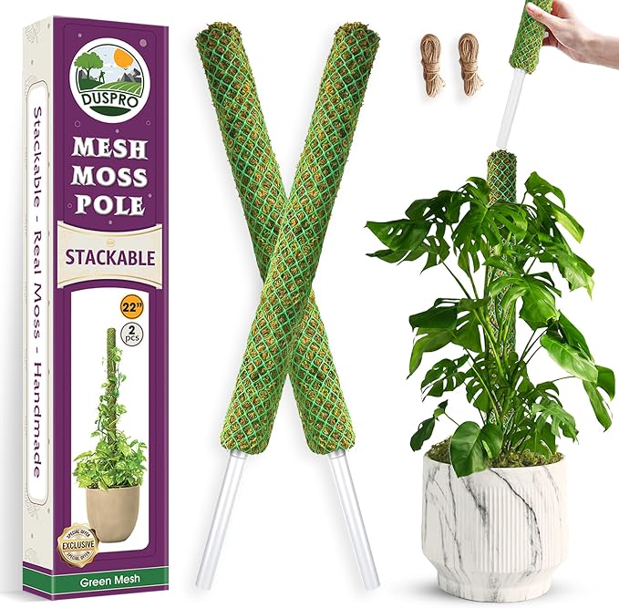 DUSPRO 2 Pack 22" Green Stackable Mesh Moss Pole for Plants – Extendable Up to 39", Natural Forest Moss Pole Monstera Plant Support, Moss Stick for Climbing Plants, Indoor Plant Stakes Accessories