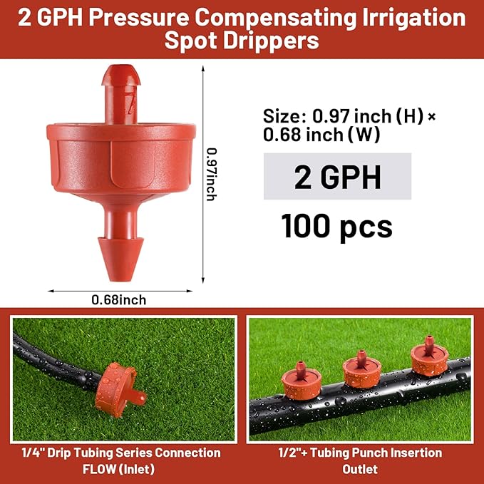 100 PCS 2 GPH Pressure Compensating Drip Irrigation Spot Dripper, Strong Flow Drip Irrigation Emitters Heads for Shrubs Small Trees, Irrigation Drippers Parts for Deep Root Outdoor Garden Irrigation