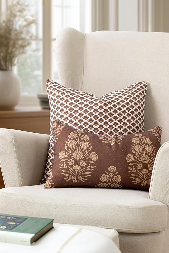 Crumbs Home Modern Farmhouse California Casual Indoor Outdoor Lumbar Pillow Cover, 12"x20" Water Repellent for Patio, Backyard, Couch, Poolside, Cocoa Brown Tan Print Floral