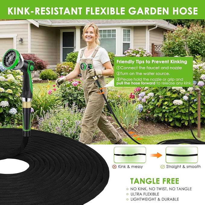Garden Hose 150 ft, Non-Expandable Ultra-Lightweight Flexible Hose with 360° Dual-End Anti-Kink Design, 10-Pattern Spray Nozzle, 500 PSI Leak-Proof, 96-Strand Braided Fabric, Storage Strap
