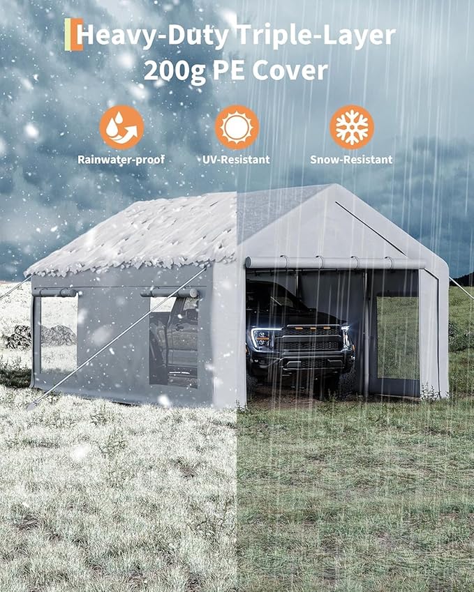 Carport Canopy, 12 x 20ft Garage Tent Shelter Tarp, Heavy-Duty Carport Canopy with Roll-Up Windows & Doors, Removable Sidewalls Car Canopy, Car Tent Waterproof for Cars, Boats, Trucks