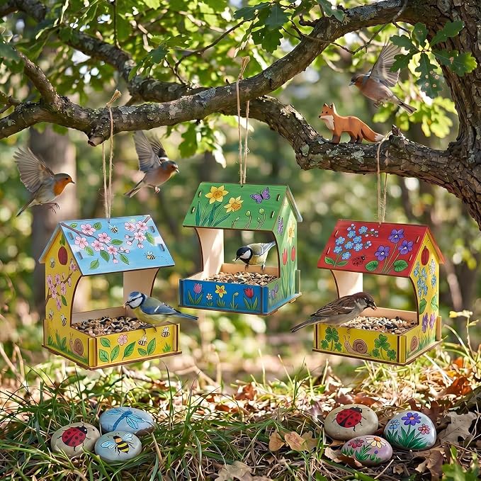 DoubleFill 50 Pack Wooden Bird Feeder Kits, DIY Bird House Kits, Build and Paint Your Own Craft for Adults, Unfinished Birdhouse Wood Craft for Educational Fun Art Outdoor Activities Gifts