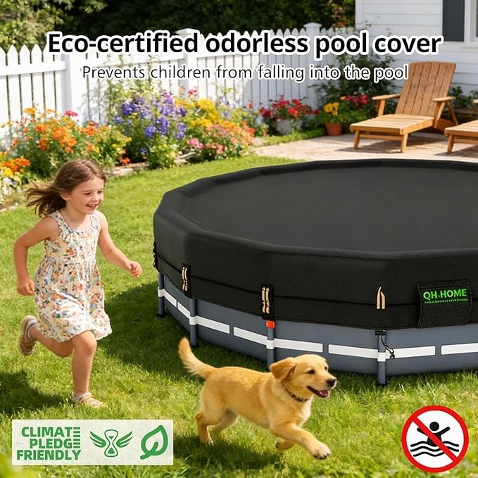 QH.HOME 550D 18ft Pool Cover Round[Upgraded Tear Resistant & Quadruple Windproof] wth Pre-Installed Patented Winch and Rope, Pool Covers for Above Ground Pools-Snug Fit & Waterproof Protection