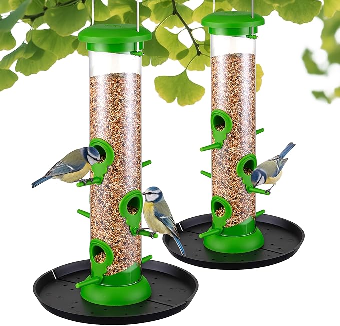 Bird Feeders for Outdoors Seed Catcher,6 Port Wild Bird Feeders with Tray,Bird Feeders for Outside Hanging for Cardinal 13 Inch,Lawn Green,Pack of 2