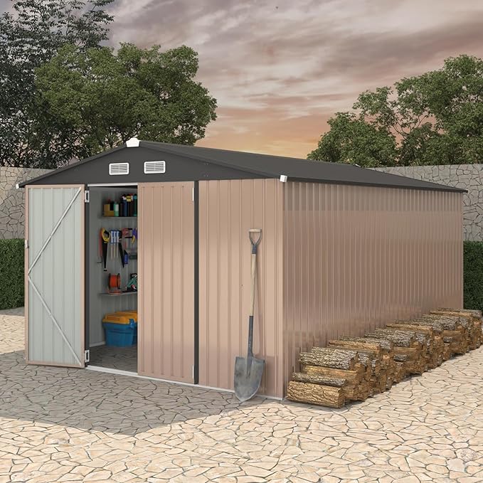 10X14 Ft Outdoor Metal Storage Building, Secure Lockable Door & Air Ventilation System, Premium Metal Tool Shed for Garden, Backyard, Patio, Ideal for Lawn Equipment & Tools