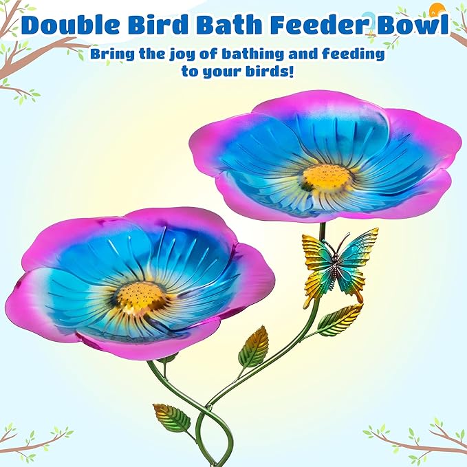37.4 Inch Floral Metal Bird Bath for Outside - Standing Bird Feeder with Dual Flower Bowls Detachable Birdbath with Butterfly Decor Metal Stake Base for Garden Yard Outdoor (Blue)