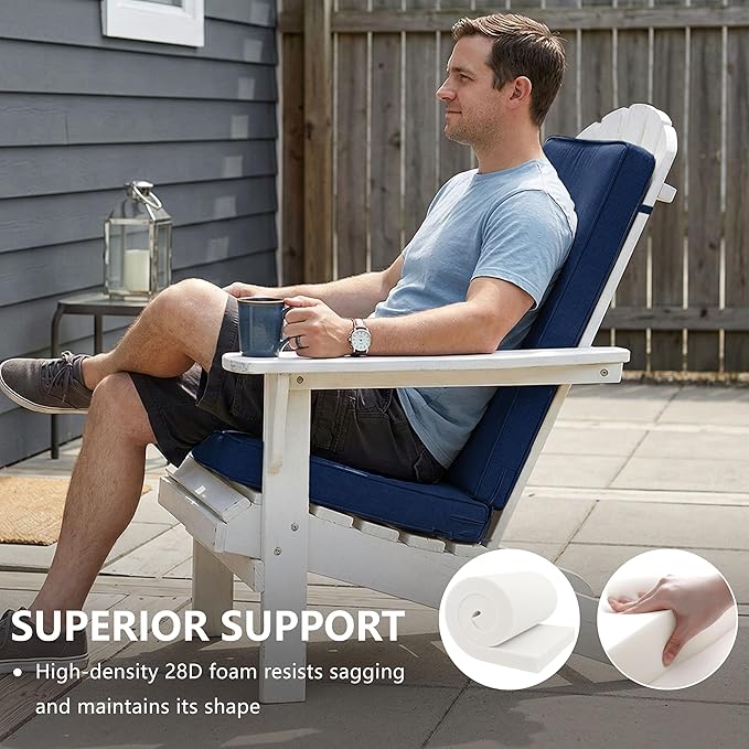 Adirondack Chair Cushion - Removable Cover, Water-Repellent & Fade-Resistant Faux Linen, Securing Straps, Non-Slip Bottom, Fit for Most Outdoor Adirondack & Rocking Chairs - Navy