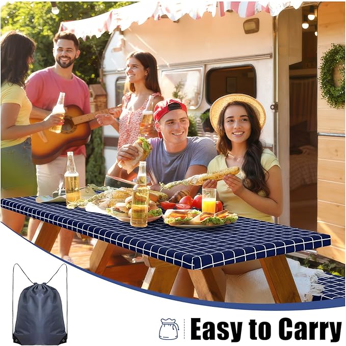 Smiry Picnic Table Cover with Bench Covers, Waterproof Elastic Fitted Tablecloth for 6 Foot Tables, Washable Polyester Tablecloths for Camping, Indoor & Outdoor (Navy & White, 30x72 Inch 3-pc Set)