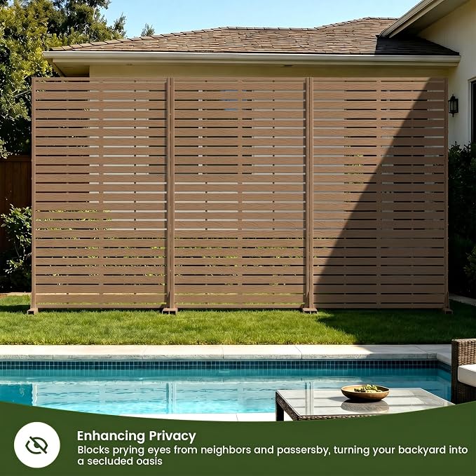 Outdoor Privacy Screen 60" H HDPE Decorative Panel Freestanding Privacy Fence with Stand, Privacy Screens with Louvered 5 Panels, Weather-Resistant Panel Fence for Patio,Balcony,Pool,Brown
