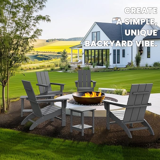 Modern Adirondack Chairs Set of 4, HDPE Plastic Patio Chairs for All Weather, Fire Pit Chair, Outdoor Lawn Chairs for Deck, Porch, Backyard, Garden, Slate Gray