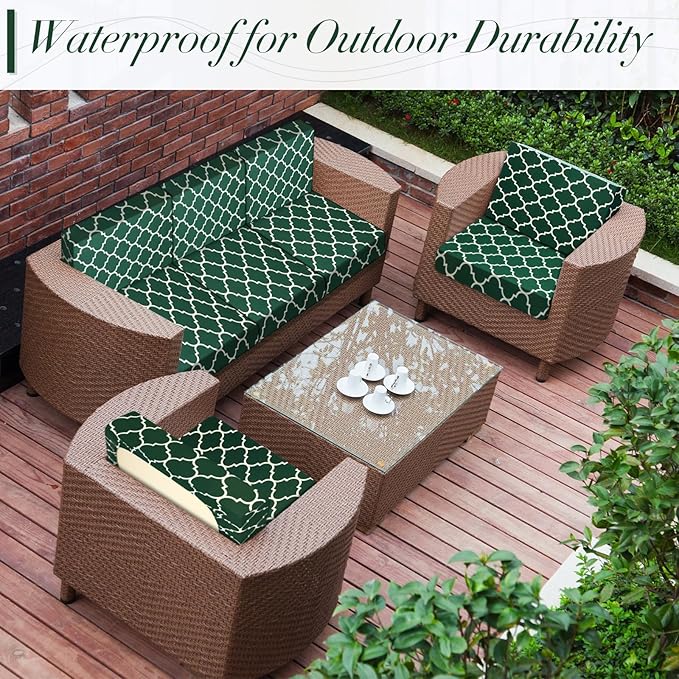Newwiee 8 Pcs Stretch Patio Outdoor Cushion Covers Waterproof Replacement Sofa Couch Covers for 4 Backrests and 4 Cushions Washable Lawn Garden Seat Furniture Protector(Dark Green)