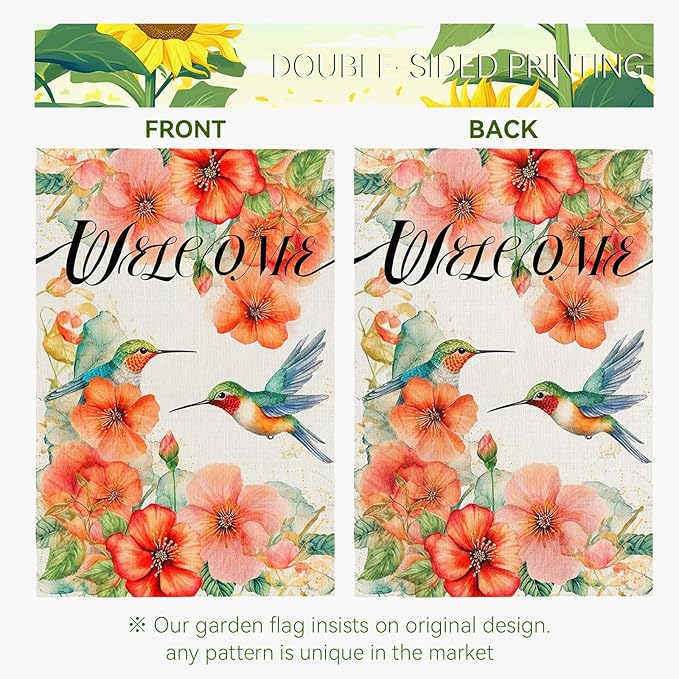 Hummingbird Garden Flag Summer Welcome Printing Garden Flag Watercolor Burlap Yard Flags for Outside Double Side Floral Spring Garden Flags Decor Standard Size 12×18 Inch