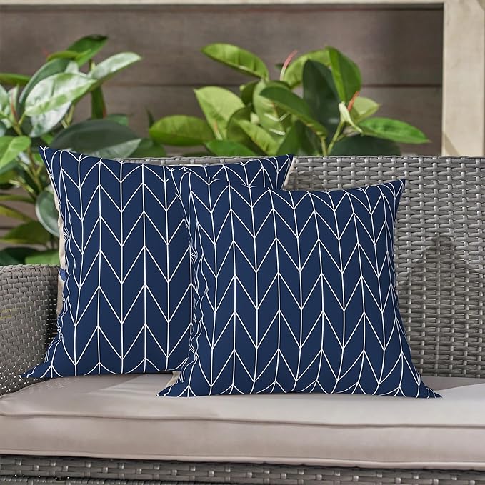 LVTXIII 2 Pack Outdoor Throw Pillow Covers for Patio Furniture, 16x16 Inch Square Pillow Case, Water-Repellent Cushion Covers for Garden, Porch, Sofa, Herringbone Navy