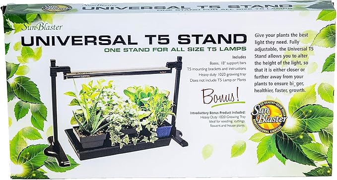 SunBlaster Universal Powder-Coated Aluminum Adjustable Lighting Stand with Heavy-Duty Plant Growing Tray, Fits All Size T5 Light Strips