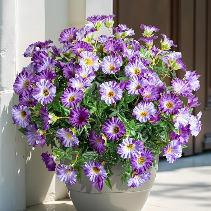 Dark Purple Artificial Morning Glory Flowers for Outdoor Planters, Premium UV Resistant Silk Faux Flowers for Porch, Hanging Basket & Window Box, Elegant Garden Decor, No Pot, 13.3 Inch, 8 Bundles