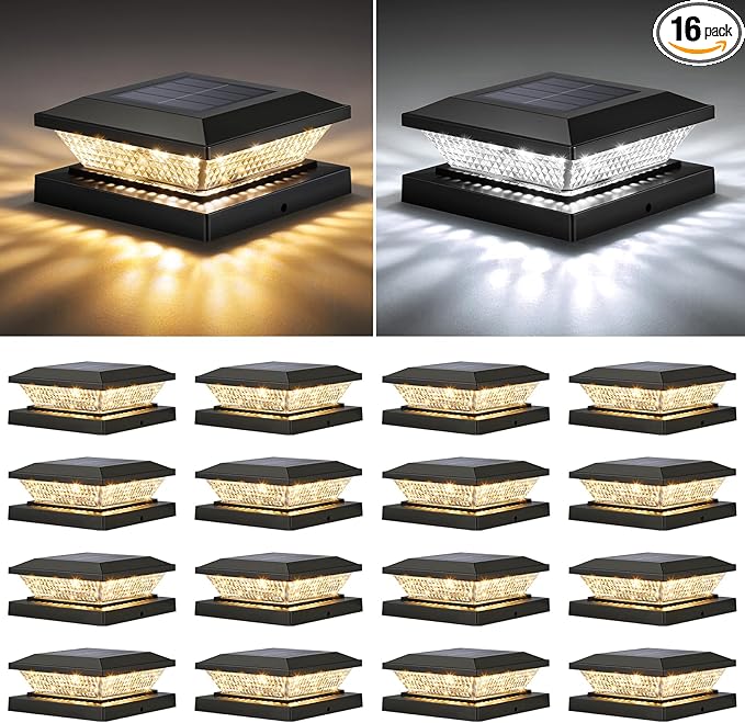 Mlambert 4x4 Solar Post Cap Lights Outdoor 16 Pack, Waterproof Solar Fence Light for Wooden/Vinyl Post, 2 Color Outside Deck Patio Porch Decor, Black