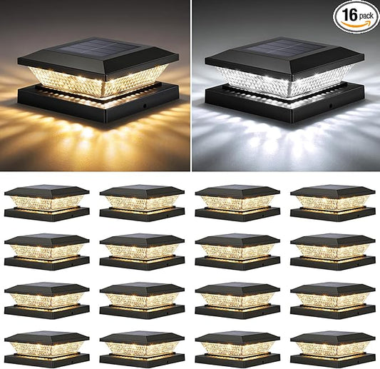 Mlambert 4x4 Solar Post Cap Lights Outdoor 16 Pack, Waterproof Solar Fence Light for Wooden/Vinyl Post, 2 Color Outside Deck Patio Porch Decor, Black
