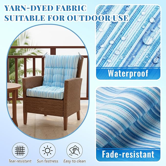 Sintuff 4 Pcs 44 x 21 x 4 Patio Chair Cushions Outdoor Chair Cushion Seat/Back Tufted Pillow with Ties Water Resistant Replacement Indoor Patio Furniture Outdoor Furniture (Stripe,Blue Stripes)
