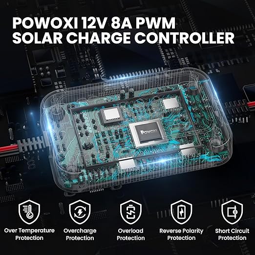 POWOXI Upgraded 12V 8 amp Solar Charge Controller - IP68 Waterproof PWM Solar Charge Regulator for LiFePO4 AGM Gel Lead-Acid Batteries - Inline Battery Maintainer for RV Boat Car Trailer Truck