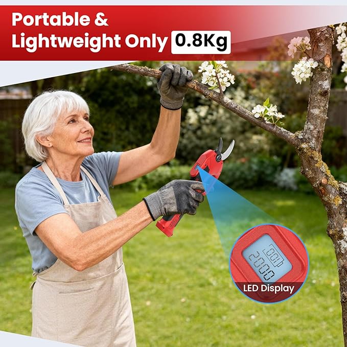 Brushless Electric Pruning Shears for 2 * 2000mAh Battery, Portable Cordless Pruning Shears with LCD Display＆SK7 Blades, Adjustable Cutting Diameter 0.8-1.1 Inch for Gardening Tree Pruning