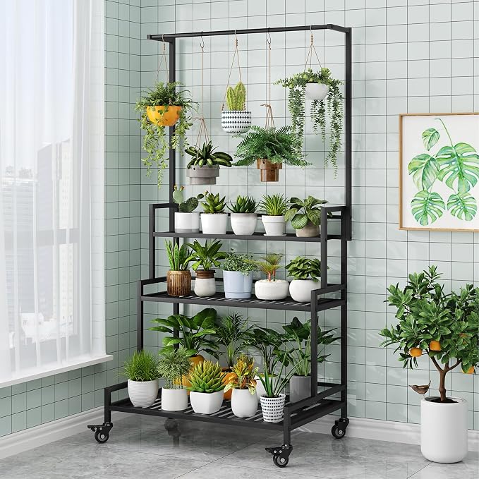 YIZAJIA Plant Stand Indoor 3 Tier Metal Outdoor Tiered Stands Shelf With wheel for Multiple Plants Potted Ladder Plant Holder Table Plant Pot Stand for Window Garden Balcony Living Room