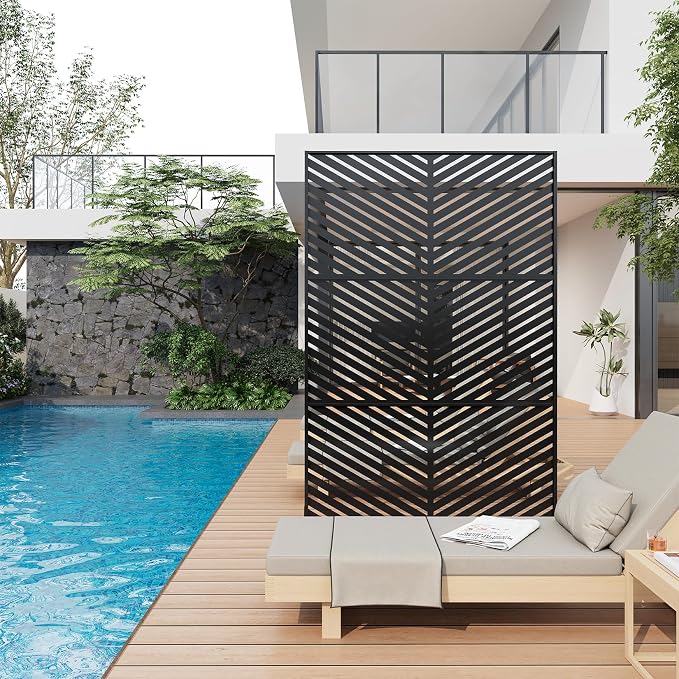 72" h × 47" w Outdoor Privacy Screen, Laser Cut Metal Garden Divider Panel with Tropical Leaf Design, Freestanding Weatherproof Privacy Fence for Patio Deck Backyard Balcony