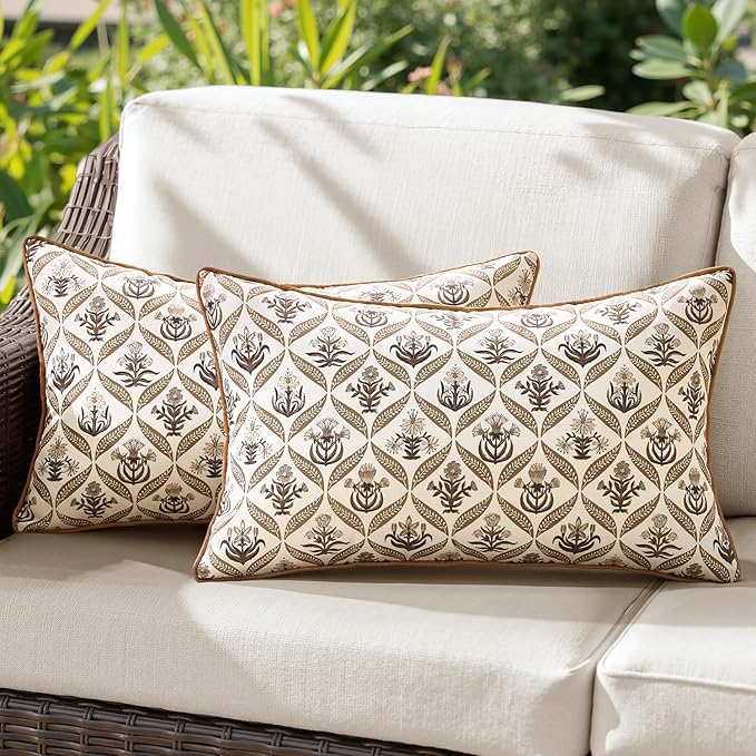 ANRODUO Floral Outdoor Pillow Covers 12x20 Waterproof Set of 2 Lumbar Block Print Decorative Cushion Cases with Refined Edge Piping for Spring Patio Porch Garden Couch Sofa Bench Decor Brown