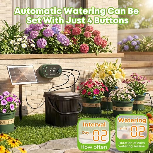 Solar Drip Irrigation System Kit, Auto Watering Kit for 15 Pots, 3W Solar Powered Auto Easy DIY Watering Device,22 Timing Modes with with Anti-Siphoning Device & Buckets and Flower Pots