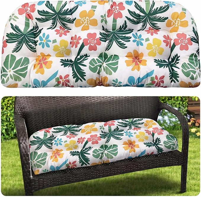 MAGIC ELEPHANT Outdoor Bench Cushion, Memory Foam Loveseat Cushion for Patio Furniture Wicker Chair, Settee Porch Swing Seat Cushion, 44 x 19 Inches (Hawaiian Palm Floral)