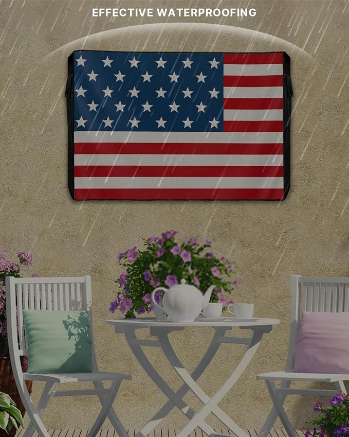 American Flag Outdoor TV Cover 70 to 75 Inch Weatherproof, Patriotic Red Stripes 600D Oxford With Waterproof Zipper, USA Flag Outside Flat Screen Protector Size 68"W x 42"H x 4.5"D