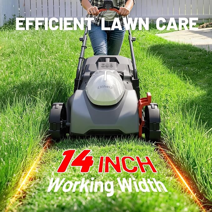 Litheli Cordless Lawn Mower 14 Inch, 5.0Ah Battery Powered Push Mower, Long-Running Battery Lawn Mower for Mid-Sized Lawn Care