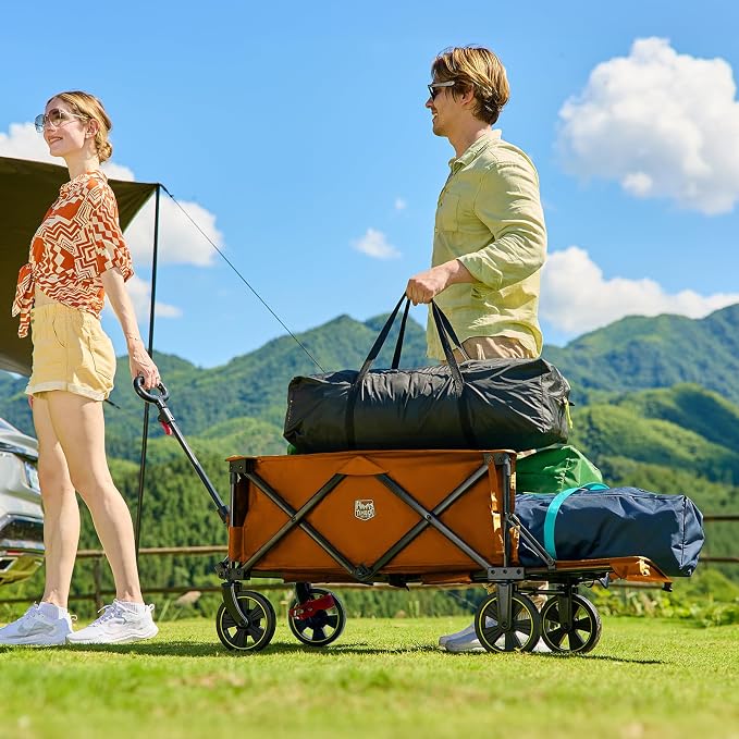 Timber Ridge 49" Extra Long Collapsible Folding Wagon with Tailgate and Brakes, 250L Capacity All-Terrain Wagon Carts Foldable, 300lbs Portable Cart for Dog, Garden, Outdoor Camping Sports, Orange