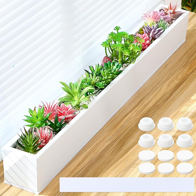 FillTouch 1 Pcs Long Rectangular Planter Box Window Sill Plant Box Metal Water Trough Indoor Large Modern Steel with Drainage Holes Herb Garden Home (32 x 3.5 x 3.5 Inch,White)