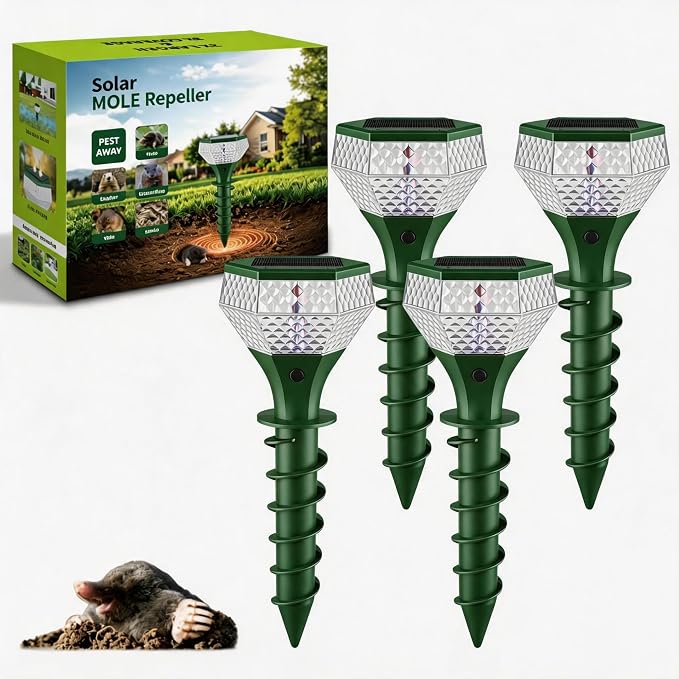 Extra Large Solar Powered Mole Repellent, 3X Size& Coverage, Vibration& Ultrasonic Repeller with Color LED Night Light, Repels All Animal Repellent Outdoor