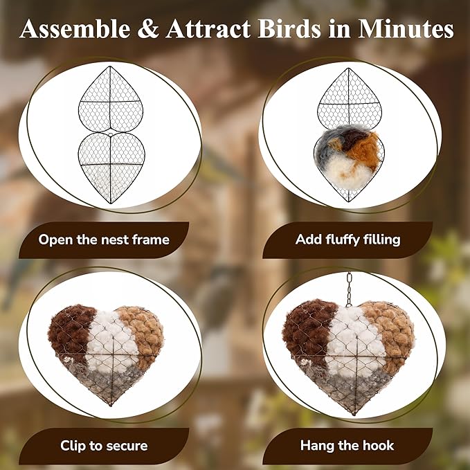 Alpaca Fiber Bird Nesting Heart – Natural Bird Nesting Material, Soft Alpaca Bird Nesting Heart for Outdoor Garden Birds & Nest Building Support